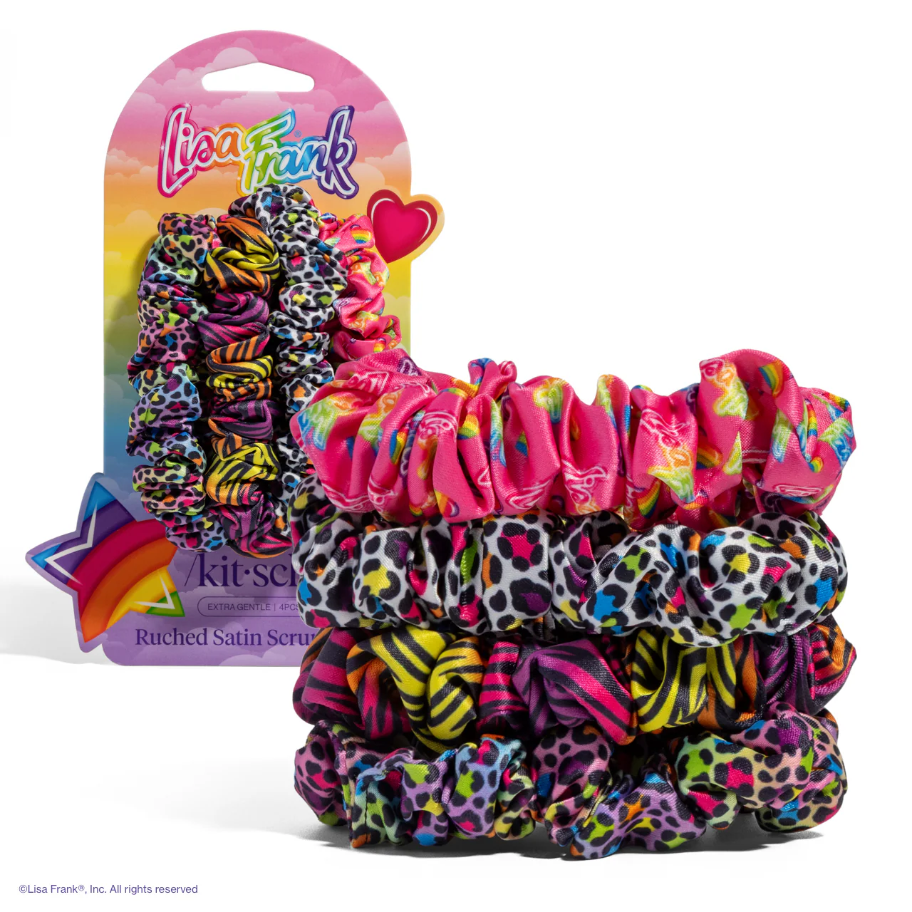 Lisa Frank x Kitsch Ruched Satin Scrunchies in Rainbow Leopard